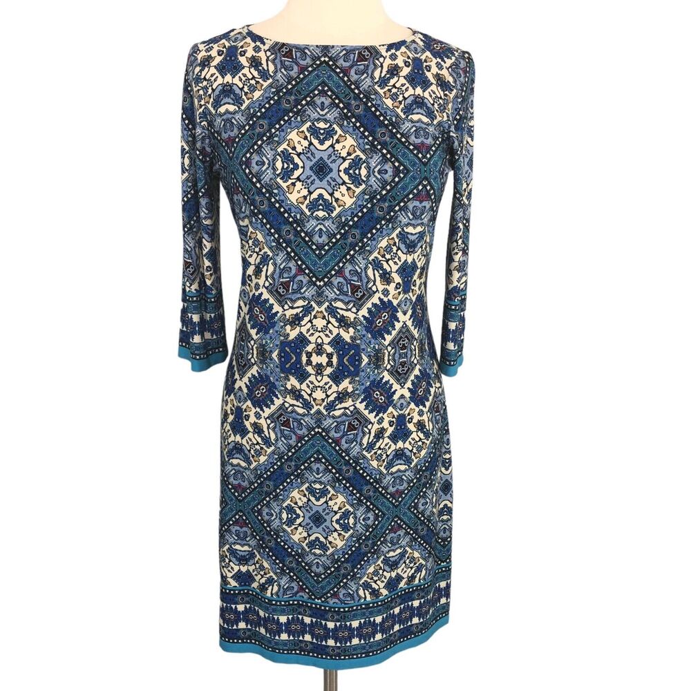 Slinky Shift Dress Knee Length Boat Neck Size 8P Geometric Blue London Times